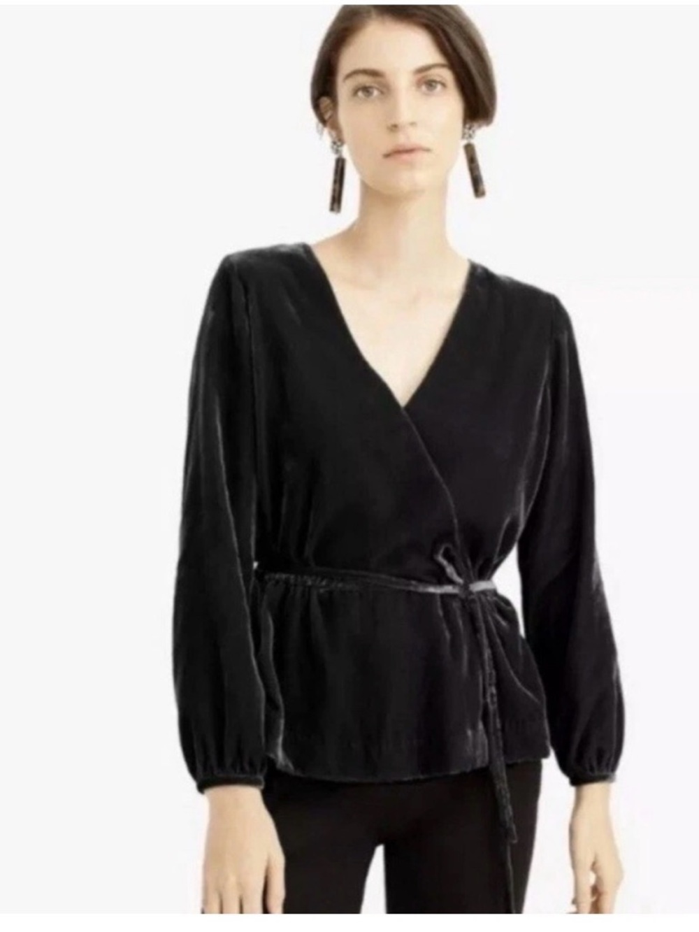 J.Crew J4963 Black Velvet Faux Wrap Top 6P NWT Tie Waist Holiday